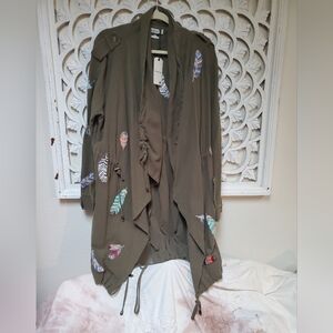 MM Vintage Cloth Fall Jacket Coat Embroidered Feathers Army Drab Coat Size MED